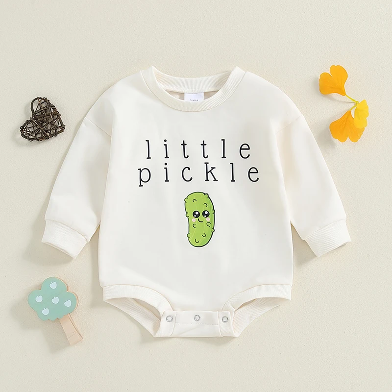 

0-18M Baby Girls Boys Autumn Jumpsuit Long Sleeve Crewneck Letter Cucumber Print Casual Button Rompers