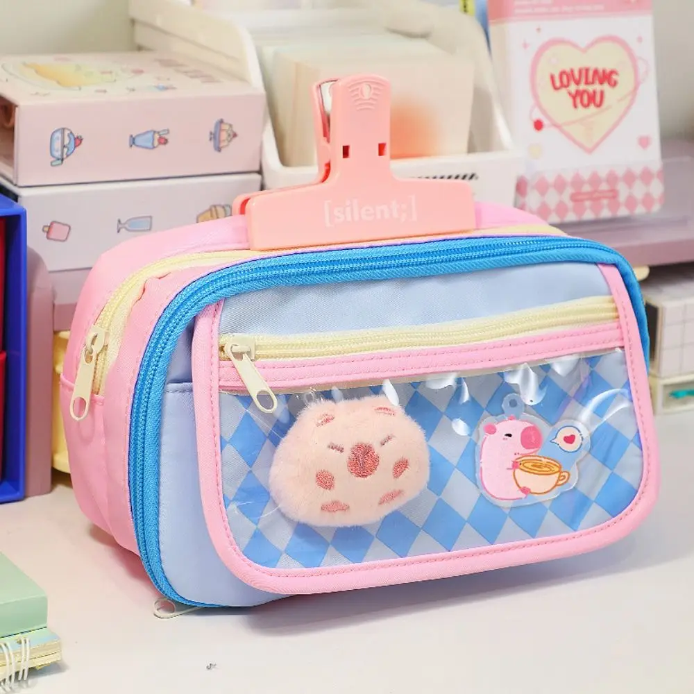 Creative Cute Design Capybara Pen Bag Multi-layer INS Checkered Stationery Bag Aesthetic Large Capacity Plaid Pencil Case Gift