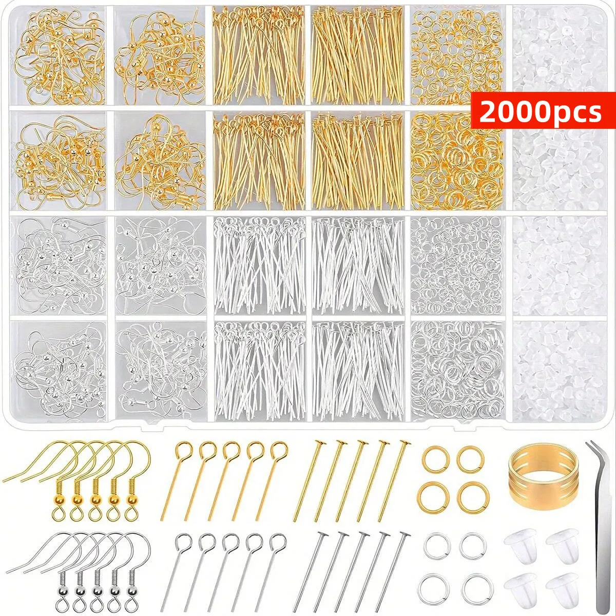 2000pcs Hypoallergenic Earring Making Kit with Hypoallergenic Hooks, Findings, Backs, Pins, Jump Rings for Jewelry Making