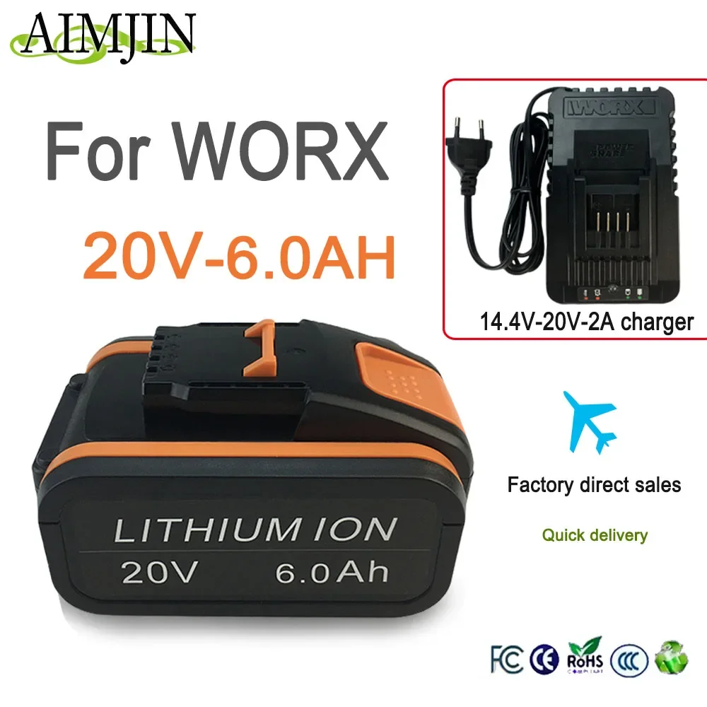 

Brand-new 20V For Worx 6000mAh Rechargeable Li-ion Battery WA3551 WA3551.1 WA3553 WA3641 WX373 WX390 Electric Tool With charger