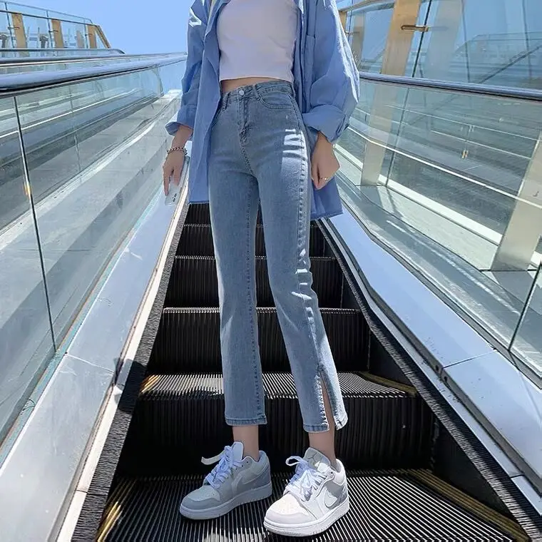 

Джинсы с высокой талией и прямым кроем для женщин, универсальные, модные 2024 года, эластичные, с разрезами, из хлопкового стрейч-денима