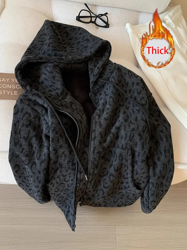 

Harajuku Ретро Y2K Леопардовые толстовки женские свободные толстые теплые уличные толстовки винтажные американские хип-хоп Bf повседневная верхняя одежда топы