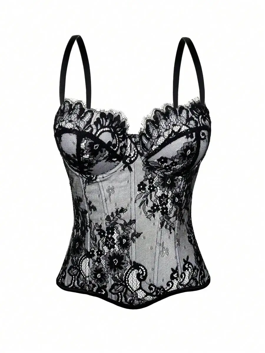 Top corsé de encaje negro para mujer, con detalles florales, y body moldeador.