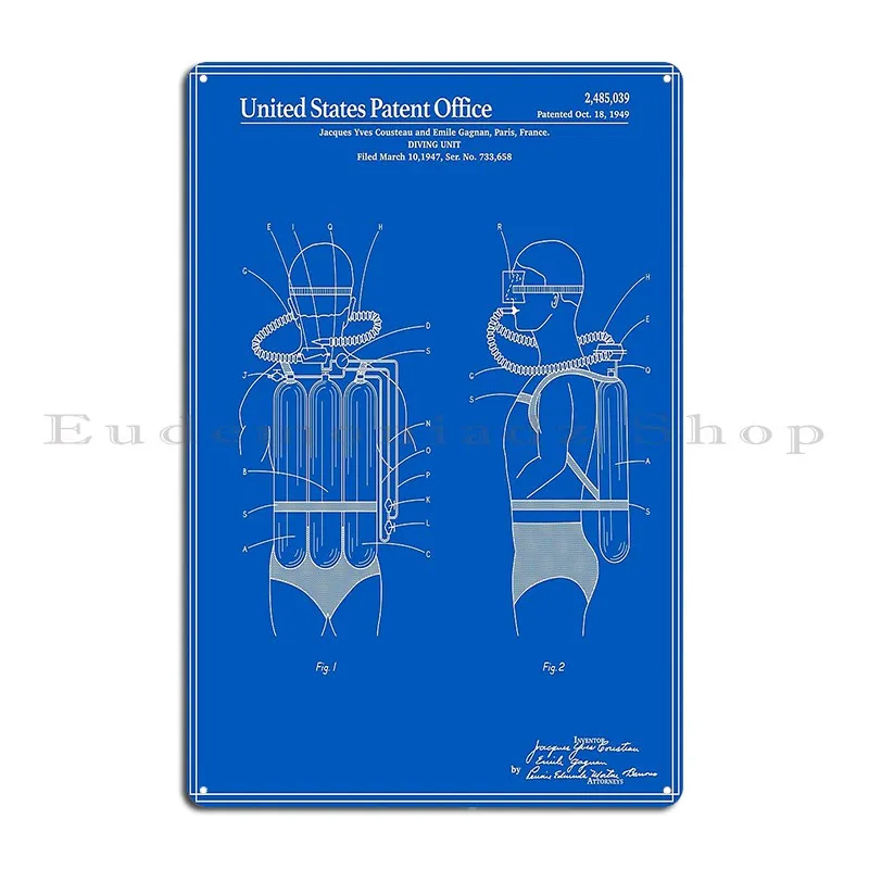 Plaque décorative en métal de Jacques Cousteau, équipement de plongée, plan de brevet, décoration murale, affiche de garage en fer, 18 panneaux