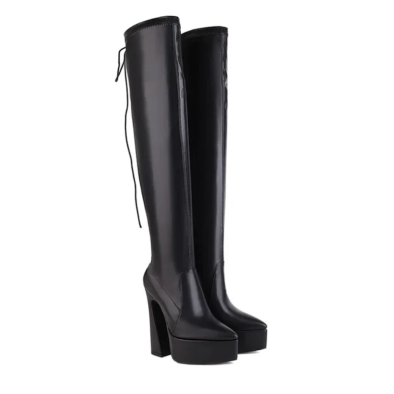 

2024 New Size 34-43 Winter Over Knee 5cm Thick Soled Boots 15cm High-heeled Elastic Leather Boots Denim Fashion Knee High Boots