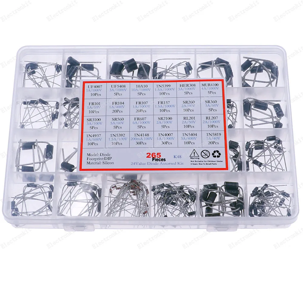 265pcs/Box Fast Switching Schottky Diode Kit 1N4007 UF5408 UF4007 1N5399 HER308 MUR4100 1N4148 SR260 SR3100 FR607 1N5819 10A10