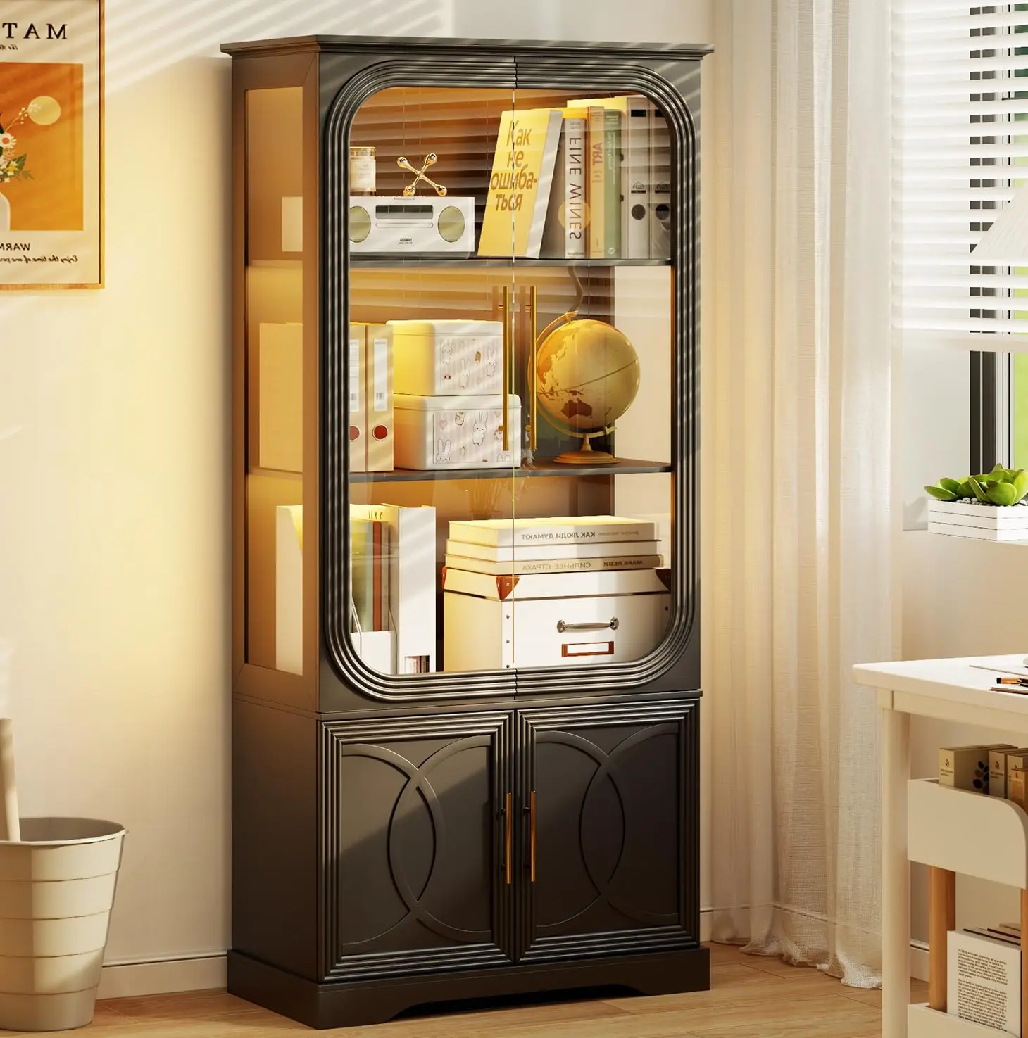 Display Curio Cabinet with Glass Doors, 69 in Tall Bookcase with LED Lights, Storage Cabinet|Kitchen Pantry, Customized