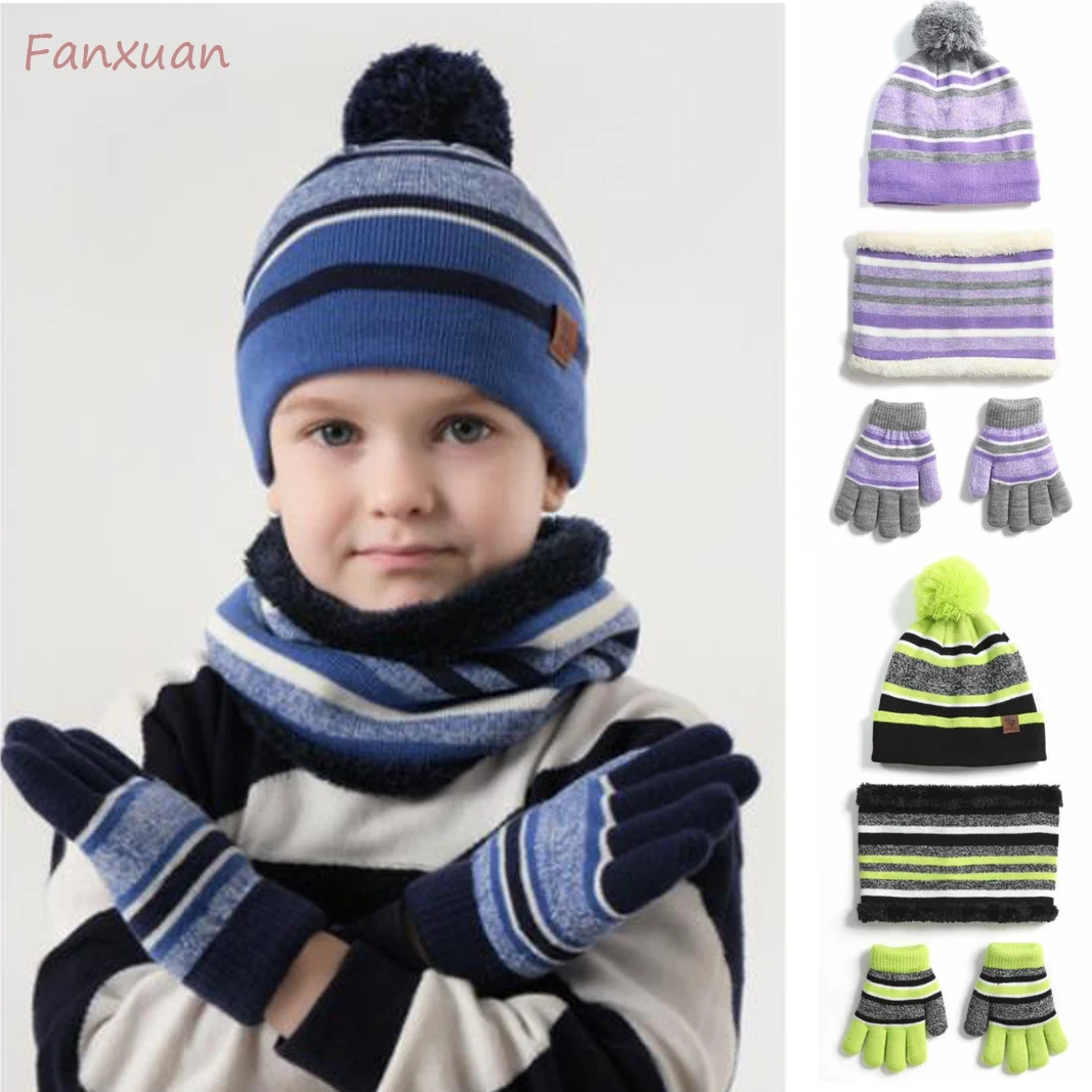 Kids Pompom Winter Beanie Hat Scarf Gloves Set Striped Knitted Boys Girls Fleece Lined Hat Children's Snood Cap 3pcs