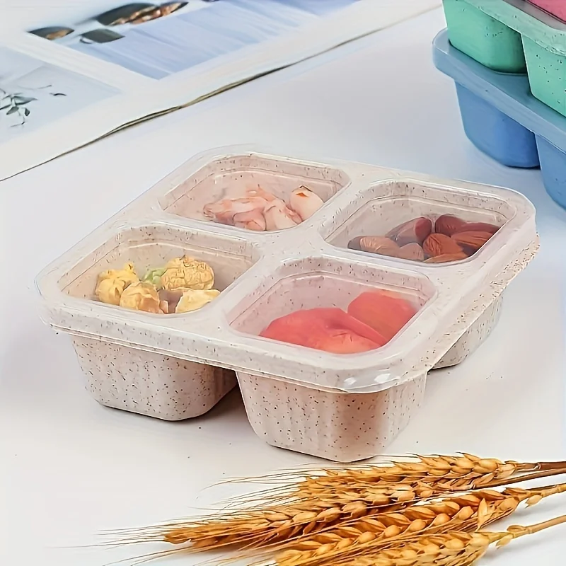 Set of 2 Reusable Plastic Snack Lunch Boxes with Lids - BPA-Free Wheat Straw , 4-Compartment Food  Containers for Meal Prep, Saf