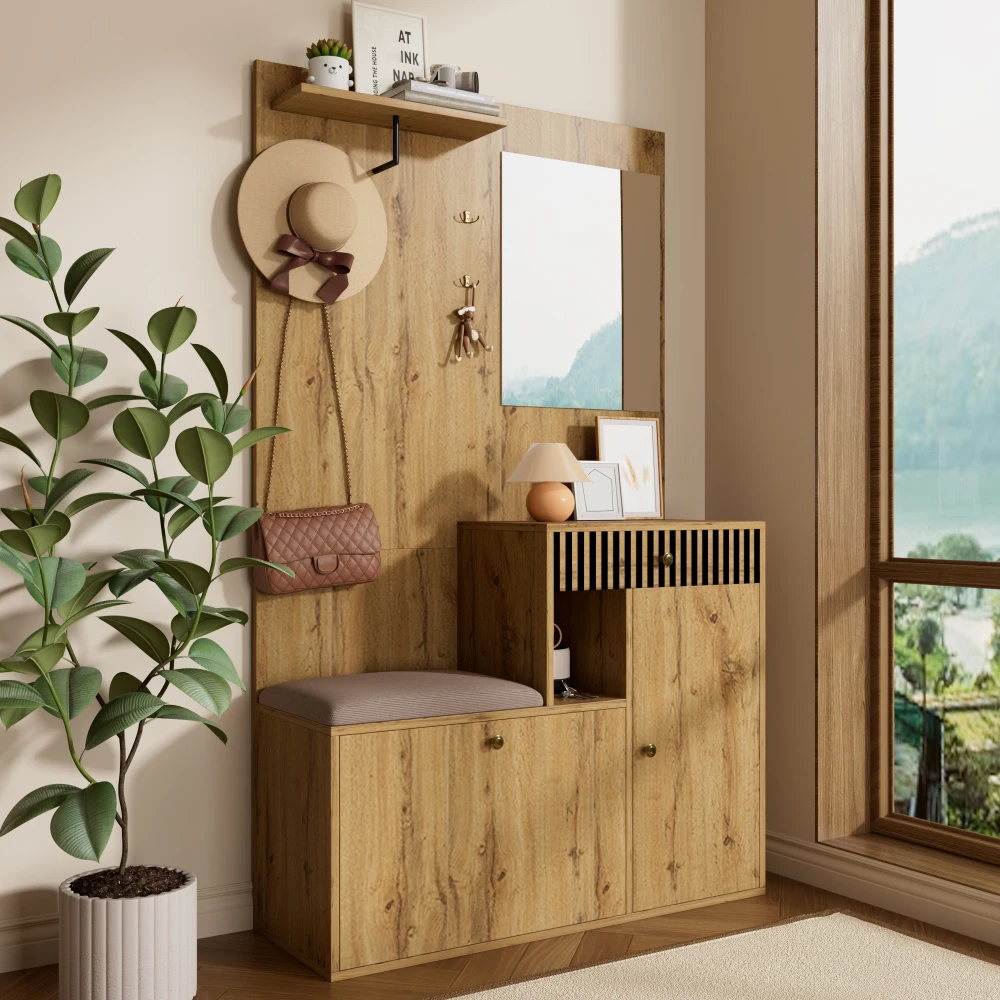 PINGGO Kompaktes Garderoben-Set mit Spiegel und Kissen, Flur-Wandregal, Garderobenpaneele, Schuhschrank für Flur-Aufbewahrung – Detail 9