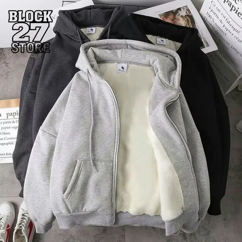 

Harajuku Fleece Thickened Hoodie Men Zip Up Warm Jacket Casual Loose Fit Sweatshirt Autumn Winter Streetwear Fashion Outfit New