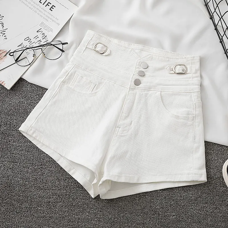 Celana Pendek Denim Elastis Pinggang Tinggi Model A-Line Korea untuk Wanita, Musim Panas, Kancing Depan, Efek Langsing, Kaki Lebar