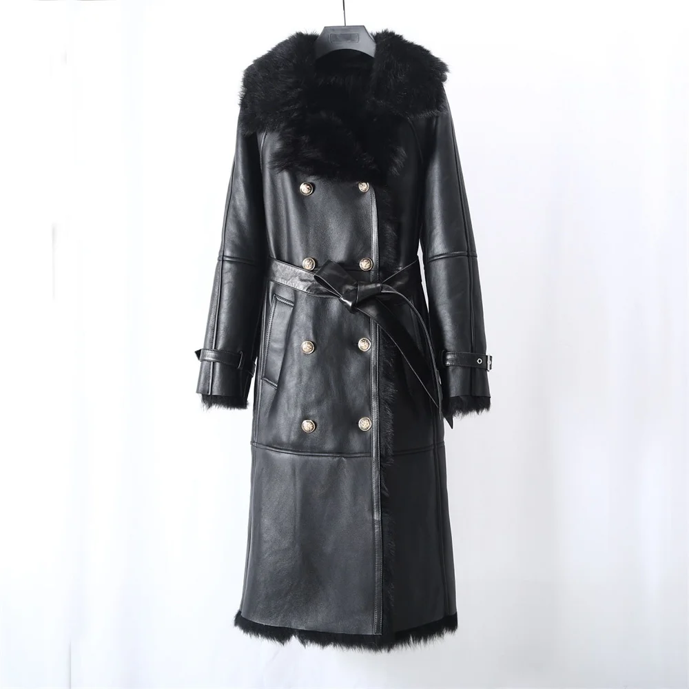 

2023 Women Extra Long Double Breasted Slim Black Tuscany Lamb Fur Shearling Clothing Lady Winter Real Fur Outerwear