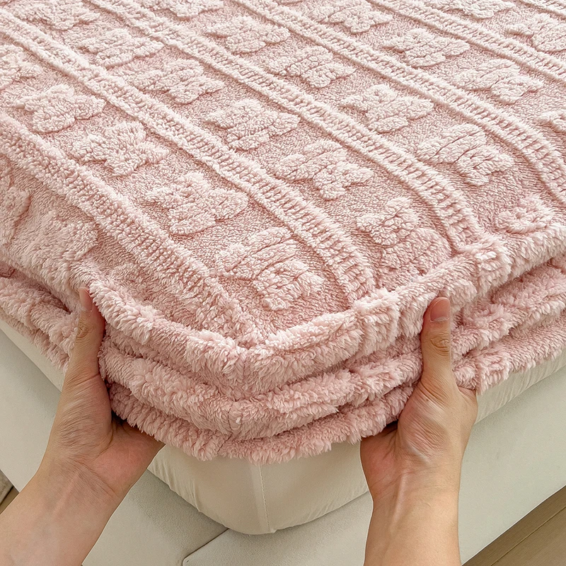 Jacquard Winter Thick Warm Mattress Cover Fitted Sheet with Elastic Band Single Double Queen Size Bed Cover Fleece Bed Sheet