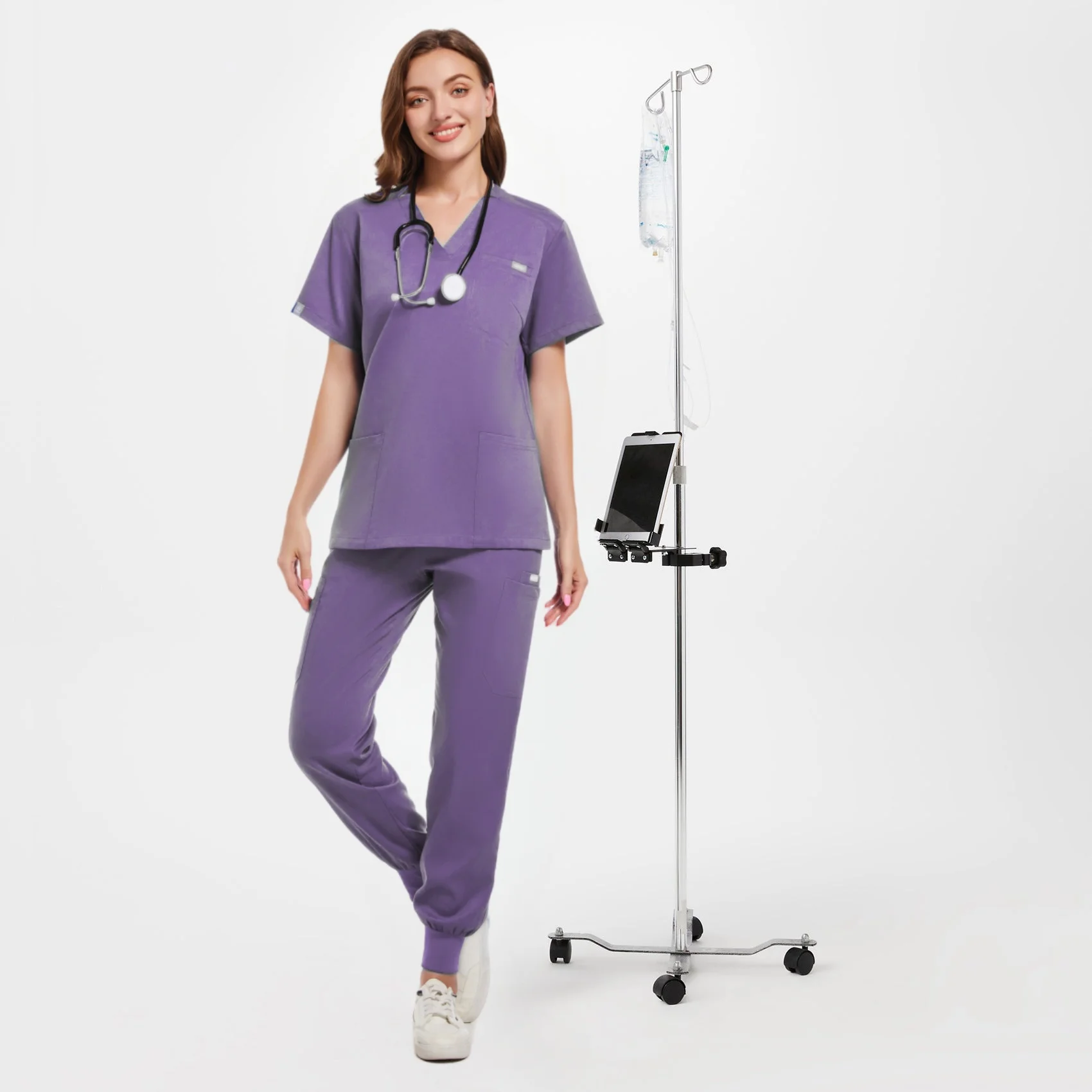 Set di scrub di alta qualità per donna uniforme da infermiera tuta da jogging Stretch Top e pantaloni con Multi tasca per abbigliamento da lavoro estetista infermiera