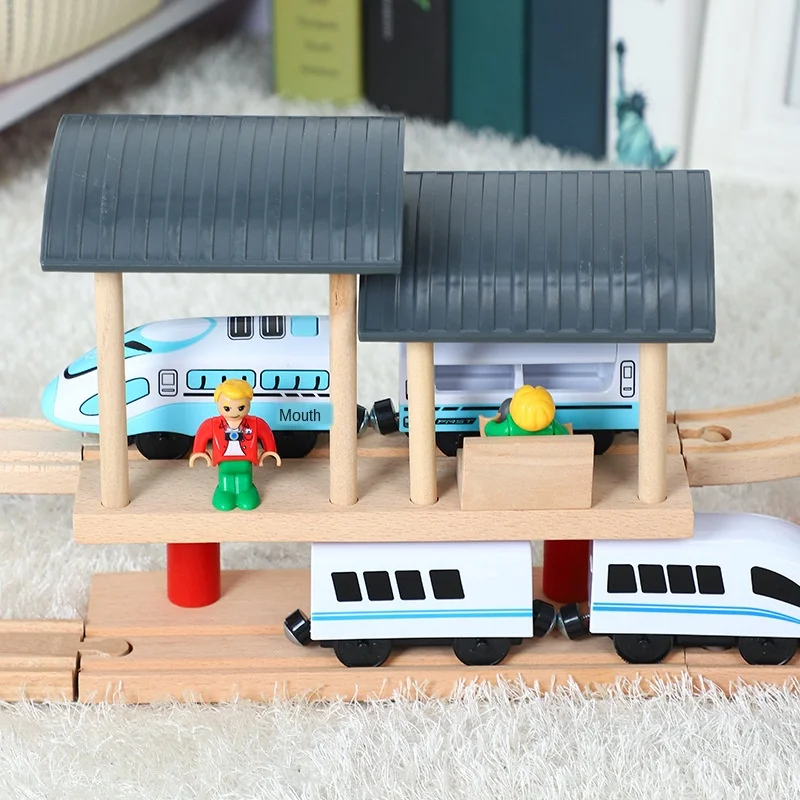 Pista de trem de dupla camada de madeira, plataforma de trem, acessórios de brinquedo, trem infantil, pista de tráfego, brinquedo compatível com madeira s10