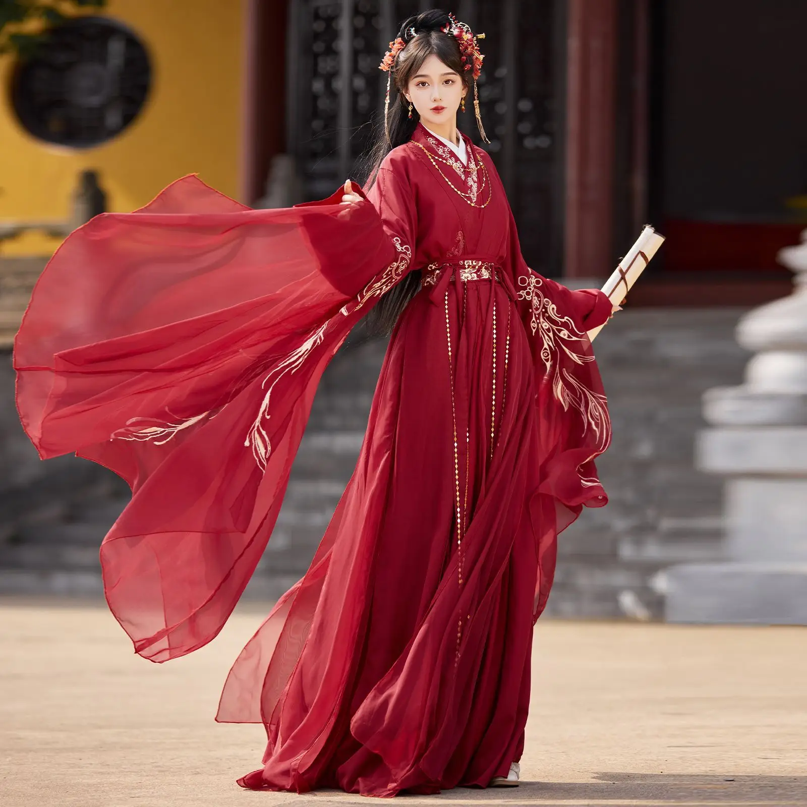 

Оригинальный комплект ханьфу с красной вышивкой, тяжелая вышивка, большой размер, для женщин, традиционный китайский костюм, древний стиль для кино и телевидения