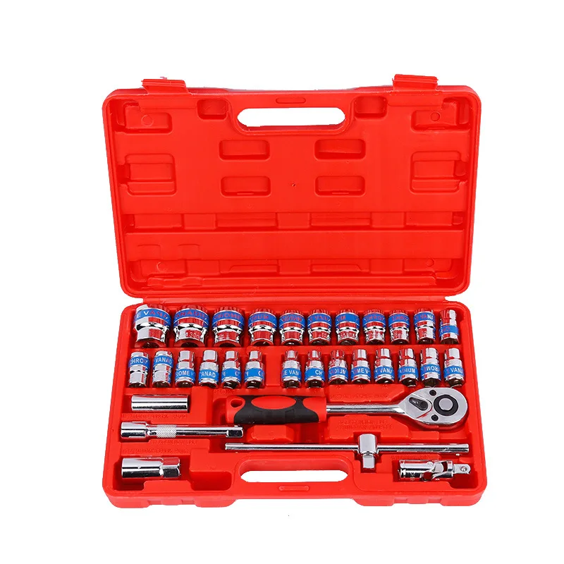 32Pcs Standard Blue Belt Socket Wrench Kit,Ratchet Impact Socket Set Mechanics Tool Made with CrV Steel for Auto Repair