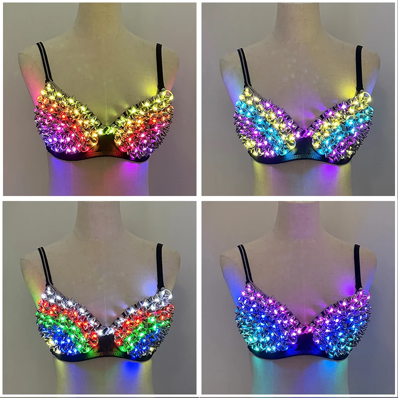 Remote Control RGB Glowing Rave Dance Top colorful Sexy Dance Wear Punk Glowing Light up Bra for Women DJ Nightclub Stage Props