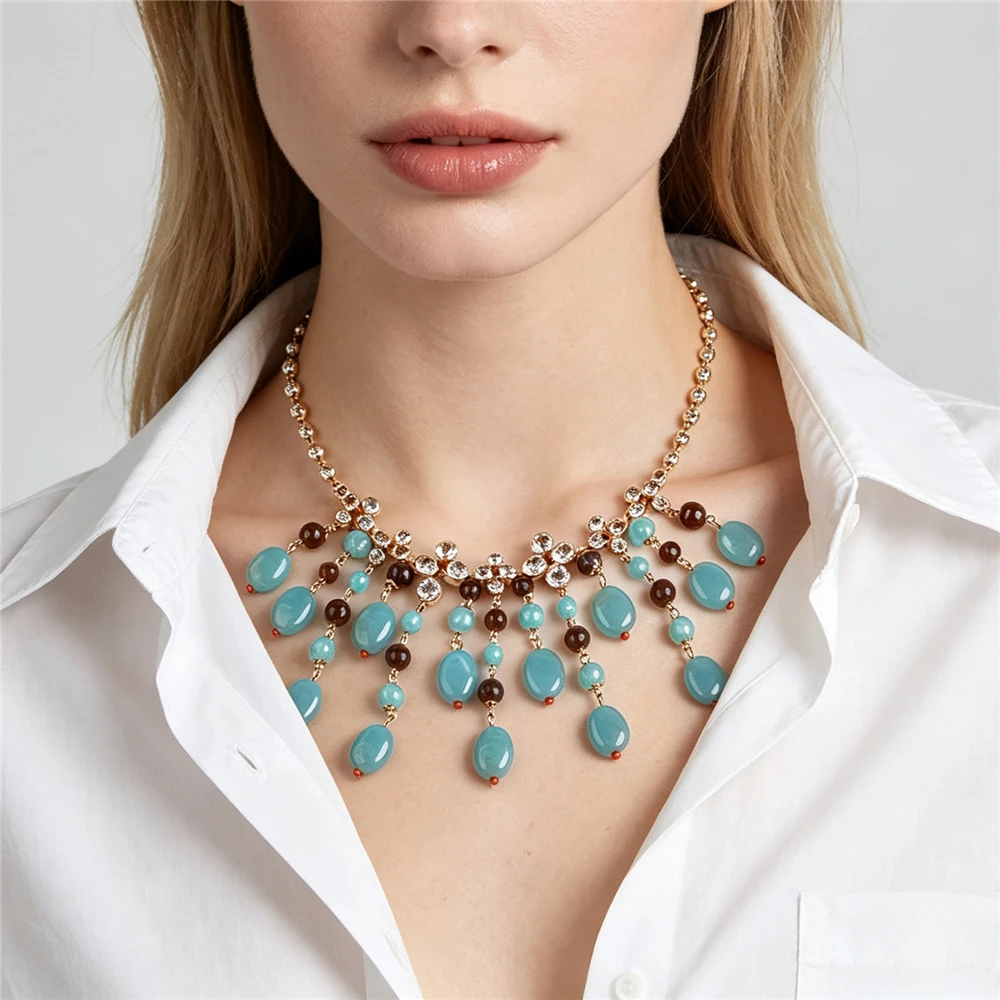Boho Ethnic Statement Rhinestones Chains Big Bib Necklace Women Fashion Blue Beaded Tassel Large Collar Choker Necklace Jewelry