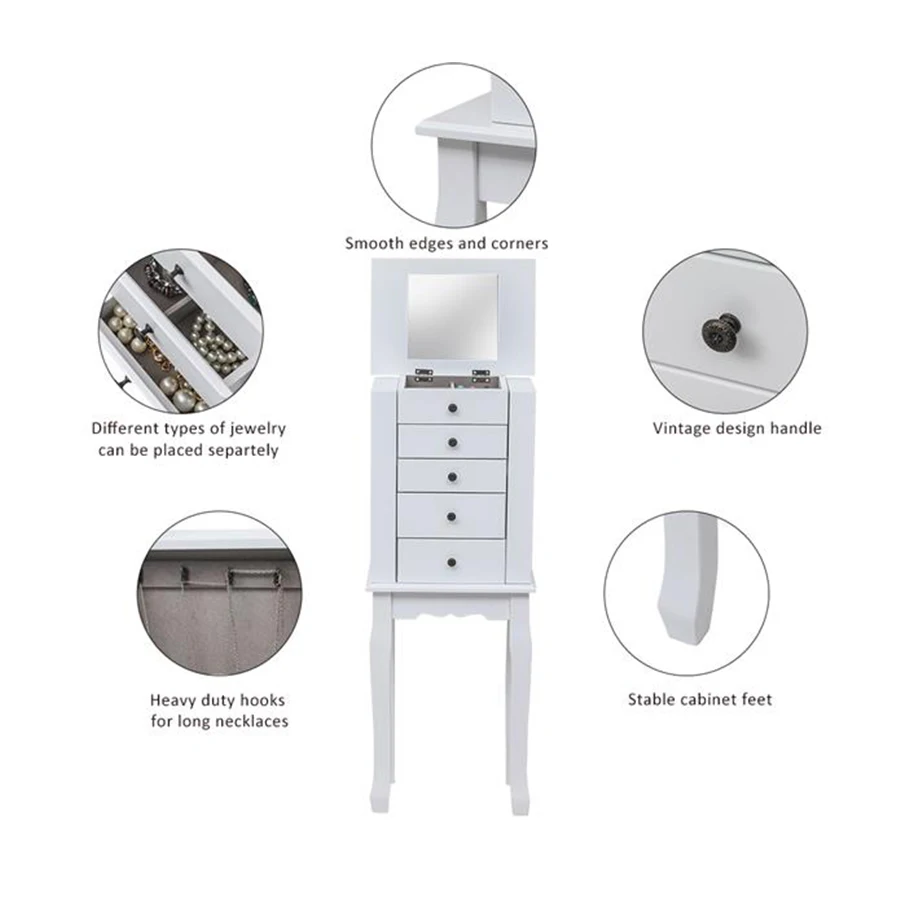 Removable High Foot Four Drawer Five Layer Jewelry Cabinet White Cabinet Gray Velvet Cloth Standing Jewelry Armoire with Mirror