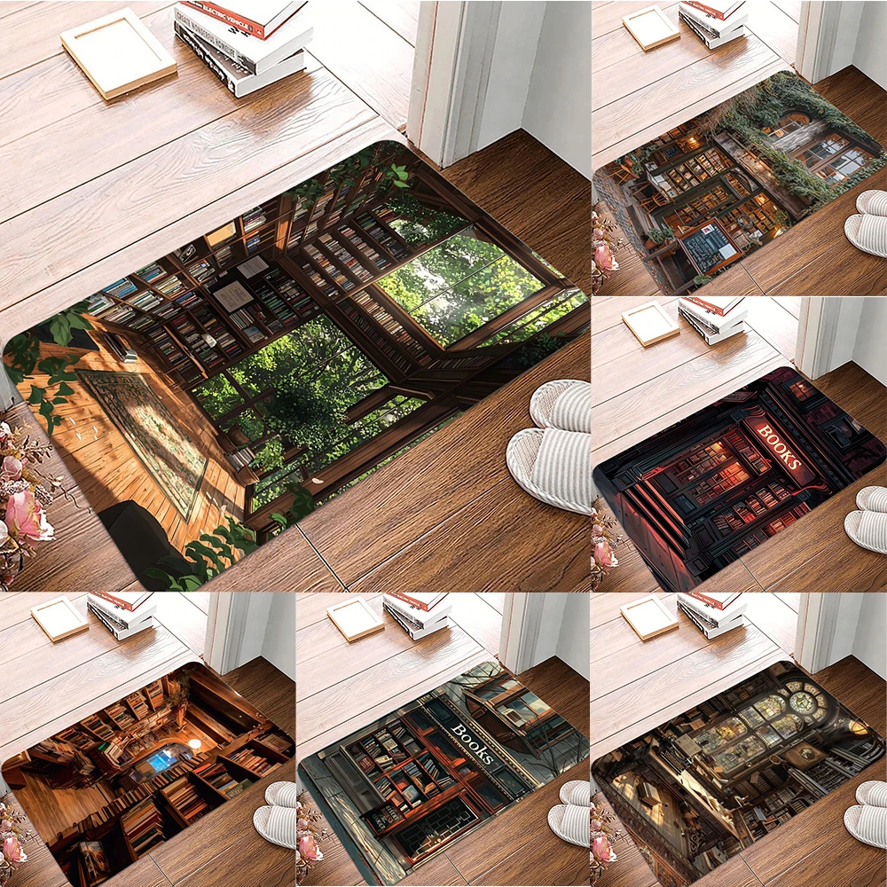 Fußmatte mit Buchmotiv und Sonnenbeleuchtung, Waldbibliothek, Vintage-Buntglas-Studie, gemütliche Buchhandlung, Kunstdesigns für die Inneneinrichtung