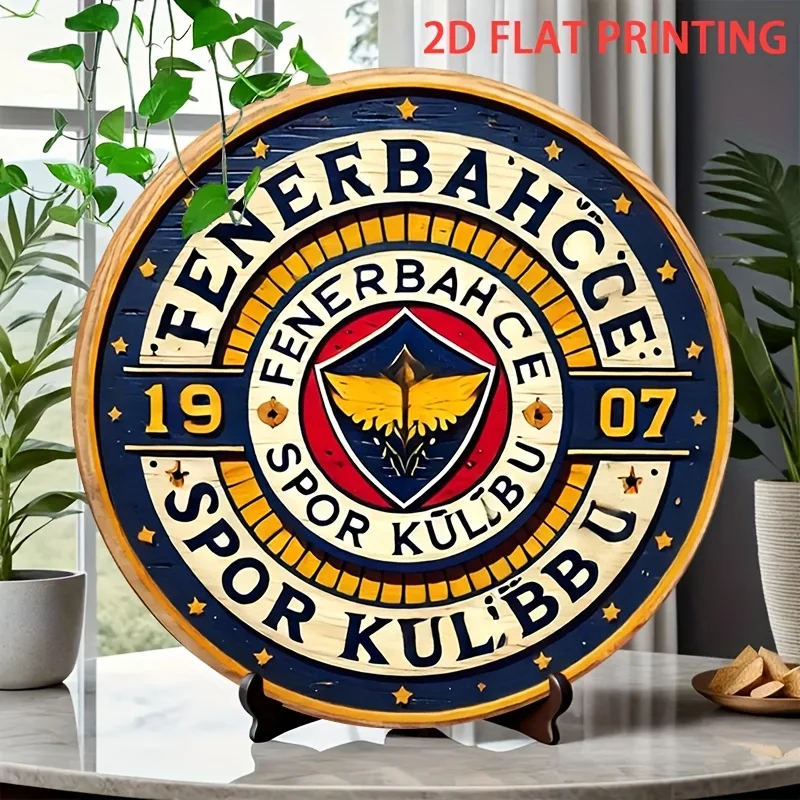 2D Flat, 1pc Fenerbahce Sports Club Logo Decorative Sign - 19.81 cm Round Iron Metal Wall Art, Vintage American Style Door Hangi