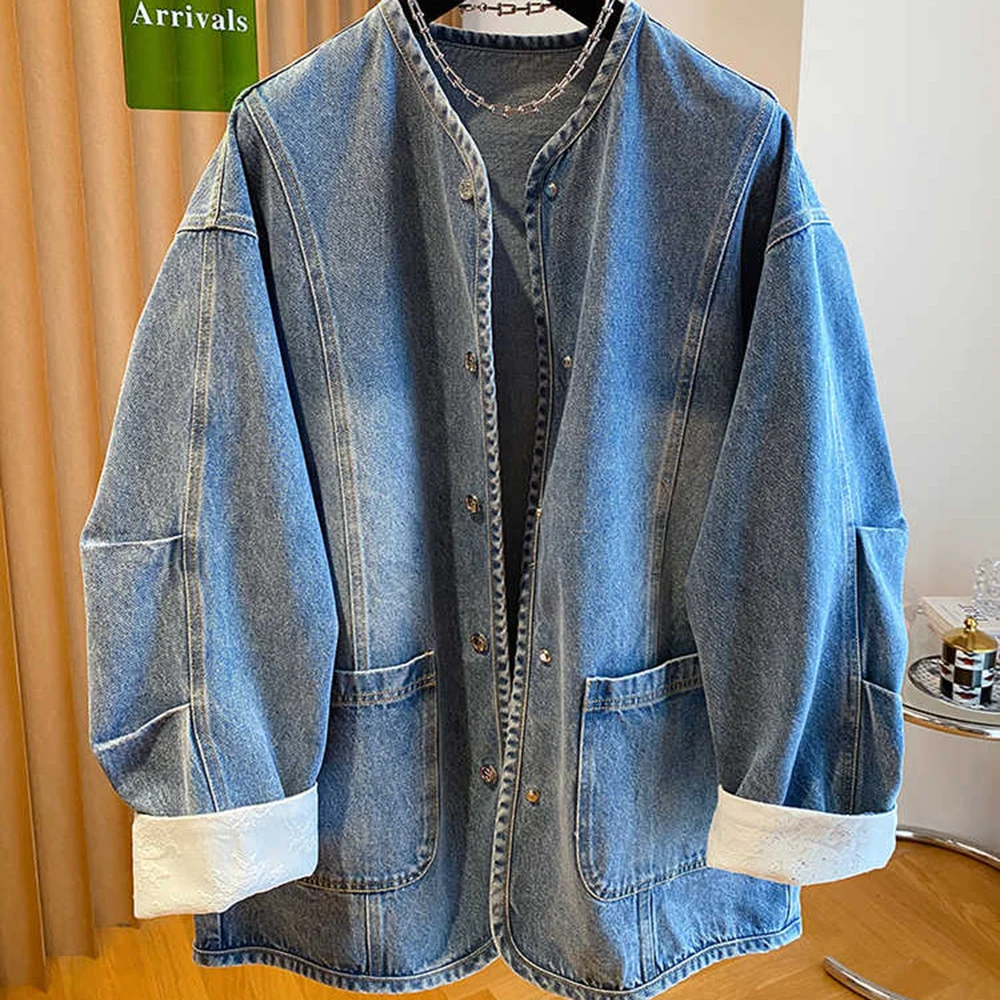 

European Single Breasted Splicing Lace Style Denim Jacket For Women Spring Autumn Loose Medium Length Collarless Cowboy Coat Top