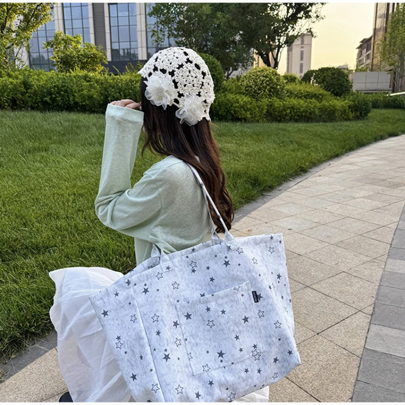Koreanische Tragetasche mit Sterndruck, Damen-Shopper-Schultertasche, geräumige Handtasche für den täglichen Gebrauch, einfarbig, vielseitig, minimalistisch – Detail 34