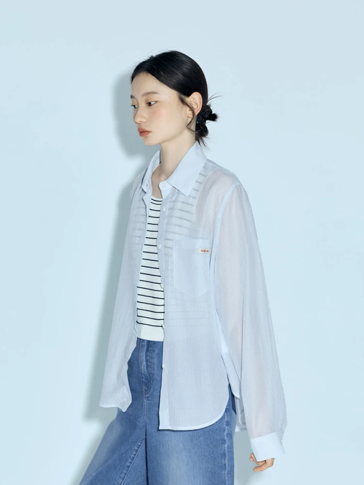 

Indicia Summer 2026 Women's Casual Style Blue White Shirt Lenzing Lyocell Fabric Regular Fit Long Sleeve Button up Shirt