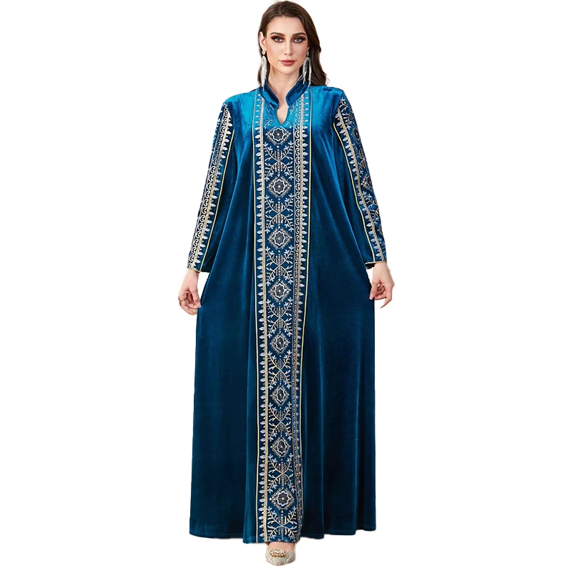 Cross border Middle Eastern women's long robe, embroidered and spliced Muslim dress, V-neck Dubai long skirt