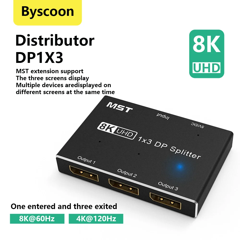 DP 1.4 MST DisplayPort Splitter 1 in 3 Out Hub Adapter Support 8K 30Hz@4K@144Hz Multi Monitor Extender For PC Laptop Display TV