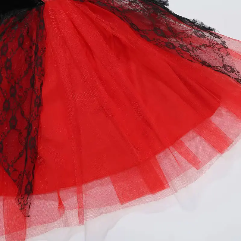 Vampir-Halloween-Kostüm für Mädchen, schwarz-rotes Spitzen-Tüllkleid, Gothic-Stil mit Stehkragen, Hexen-Cosplay, Karneval, ausgefallenes Partykleid – Detail 7