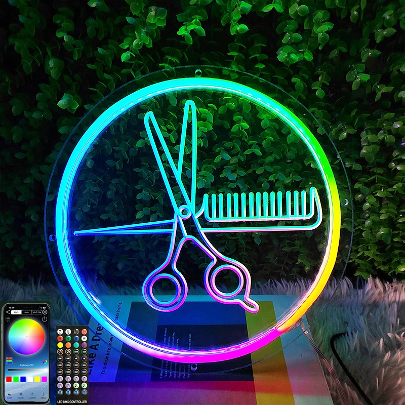 30CM Barber Shop Neon Led Light APP Bluetooth RGBIC Dream Scissors Neon Lamp Wall Hanging Night Lights Room Bar Neon Sign