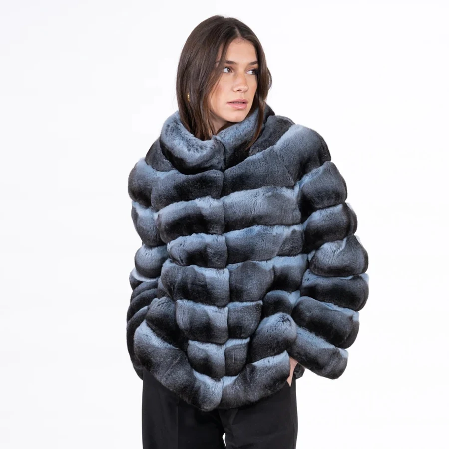 Real Chinchilla Rex Rabbit Fur Coat For Women Luxury Warm Winter Ladies Short Fur Coat New Outerwear