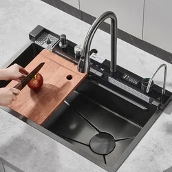 Nano Kitchen Sink 201 Stainless Steel Kitchen Waterfall Sink Digital Display Large Single Sink Dish Basin With Faucet