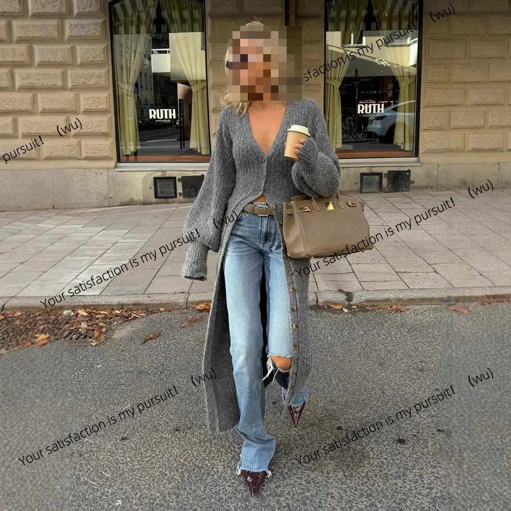 

Женская одежда, европейский и американский повседневный универсальный серый свободный длинный свитер, кардиган