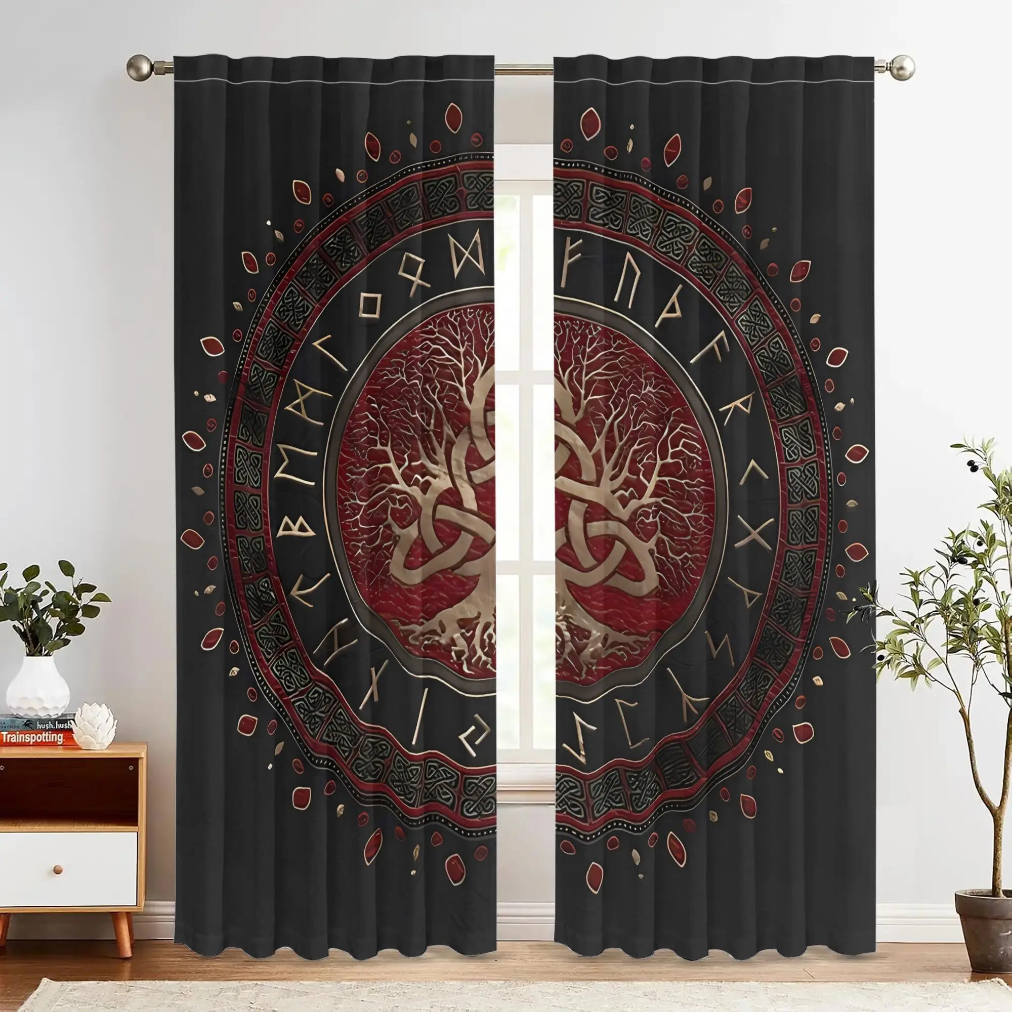 

2pcs Viking Curtains – Deep Red Nordic Rune Design, Blackout Privacy Panels for Living Room & Bedroom – Medieval Home Decor
