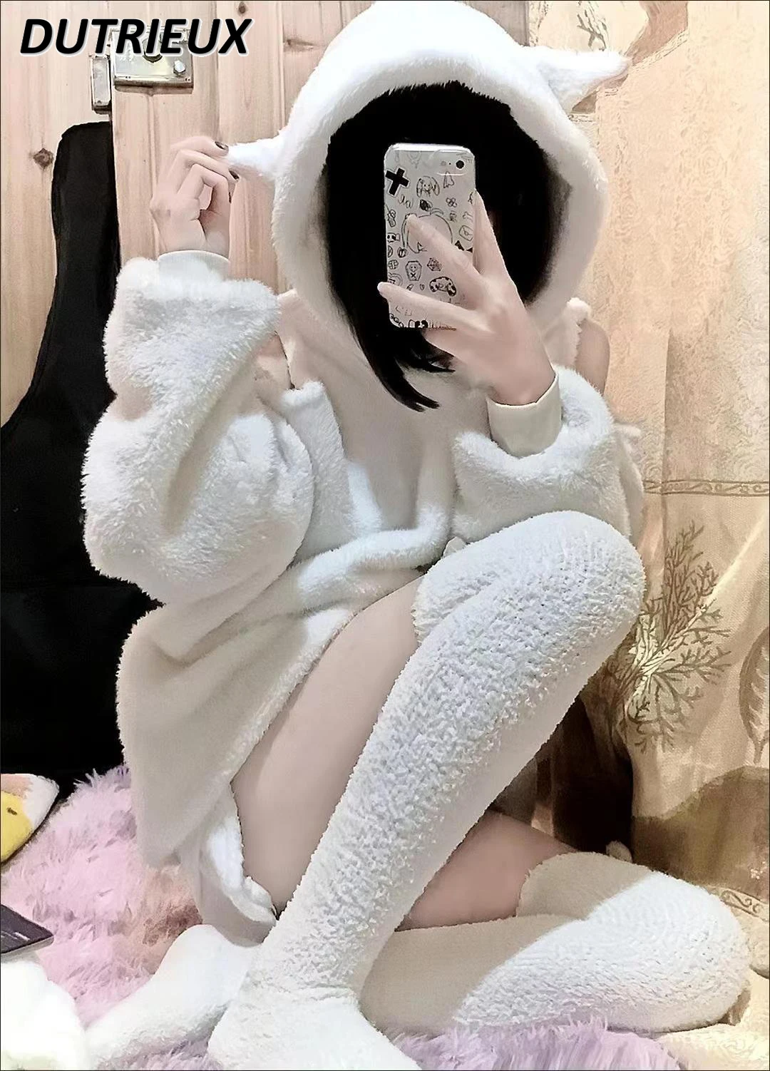 2023 New Spring Autumn Off-the-Shoulder Cute Japanese Style Soft Girl Lambswool Pullover Hoodies Coat Pullover Shorts Set Women