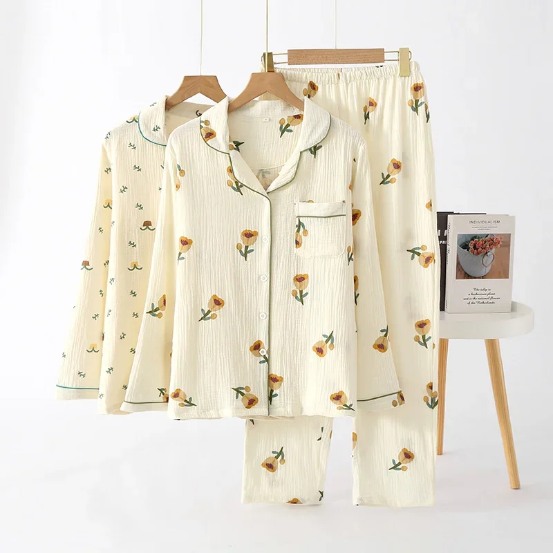 New spring and summer ladies pajamas long-sleeved trousers 100% cotton crepe cute little orange floral cardigan home service set