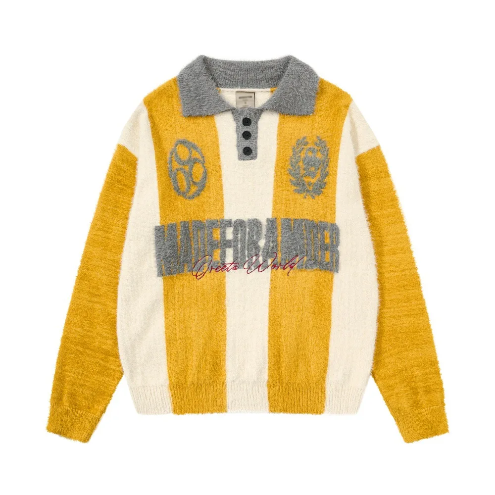 

Американский контрастный цвет в полоску с отложным воротником, спортивный свободный трикотаж с буквенным принтом, уличная мода, трикотажное поло с длинными рукавами для мужчин