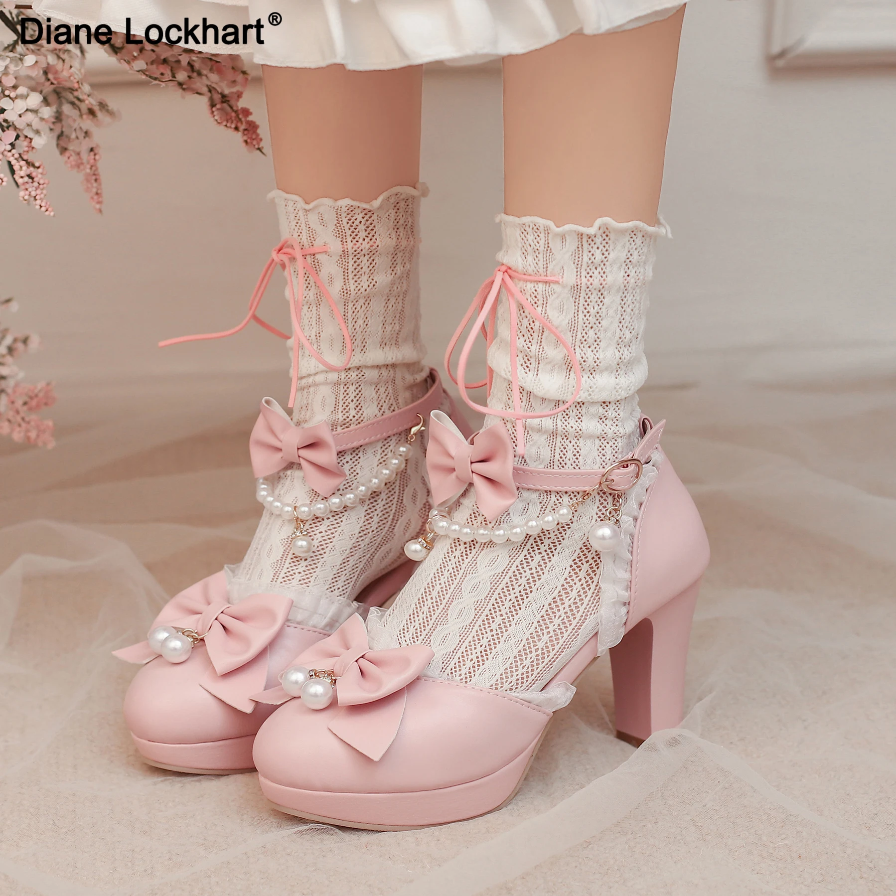 

Pink Plush Ball Lace Bow High Heels, Pink Cute Girly Platforms Vintage Style Aesthetic Shoes Sissy ABDL Princess Cosplay Pumps