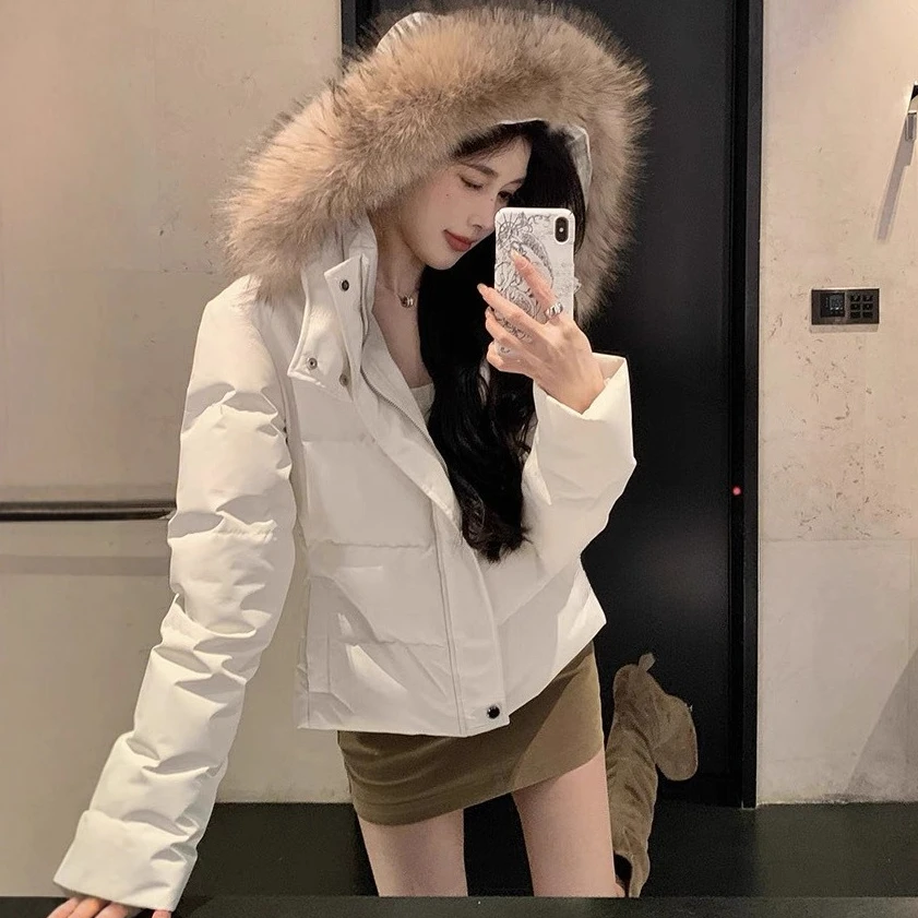 

Women Parkas Coats Solid Jackets Short Pocket Zipper Fur Collar Hooded Cinched Waist Slim Fit Thick Casual 2025 Autumn Winter