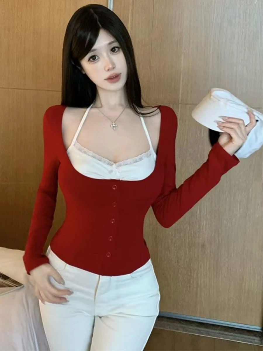 Early Autumn Casual Korean Style Slim Fit Long Sleeve Lace Patchwork Hanging Neck False Two-Piece Top for Women Polyester Fabric