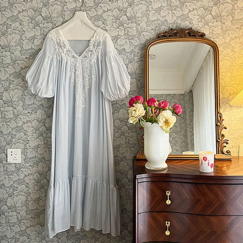 Sexy Lace Long Peignoir Victorian Cotton Night Dress Princess Sleepwear Nightie Vintage Nightgown Summer White Blue Nightdress