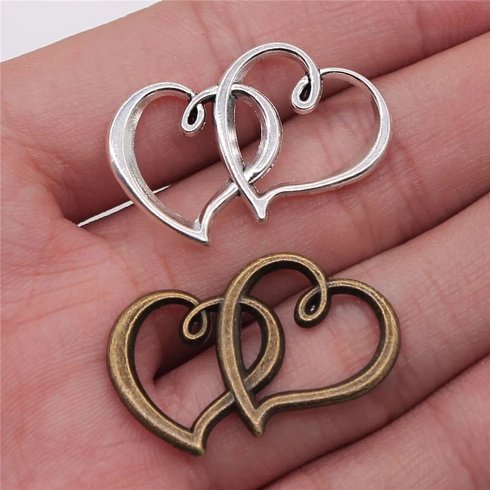 80Pcs 32X25Mm Antiek Zilver Kleur Antieke Bronzen Double Heart Charm Hearts Charm Double Double Heart Charm connector