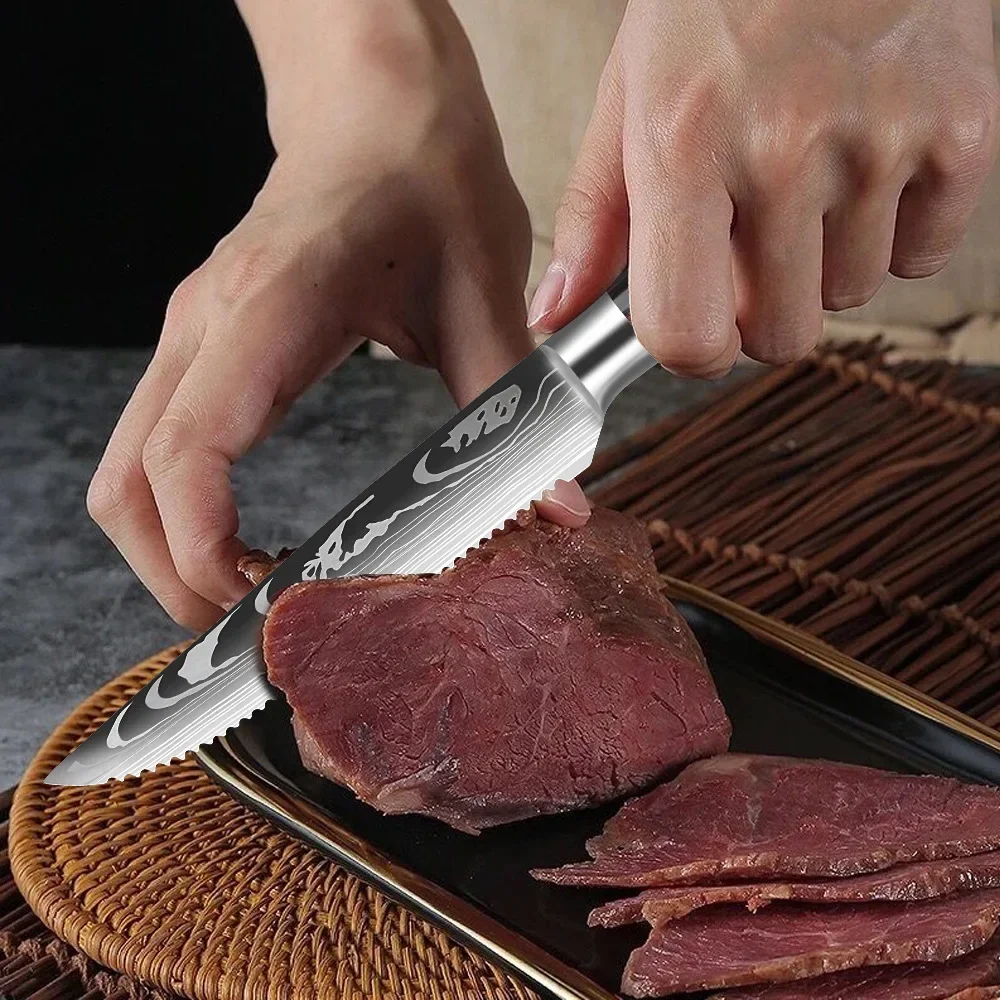 Steak Knife Set with Damascus Stainless Steel Steak Cutting Meat Cleaver Knife Perfect For Western Restaurant Knife Dining