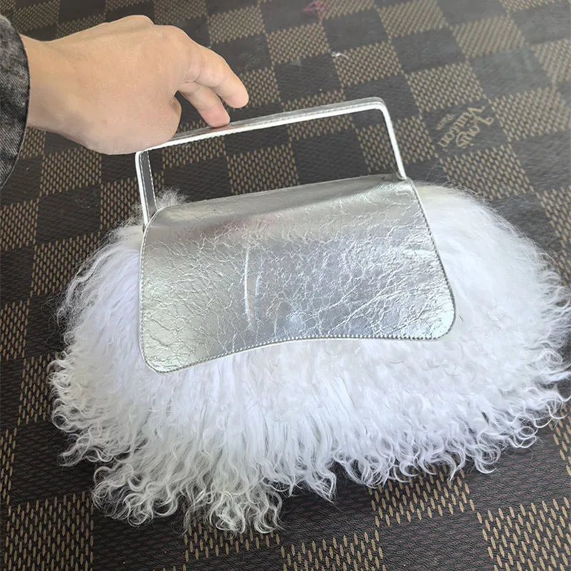 

2025 зимняя женская сумка из натурального монгольского меха ягненка, модная женская сумка из натурального меха, роскошная модная кожаная сумка