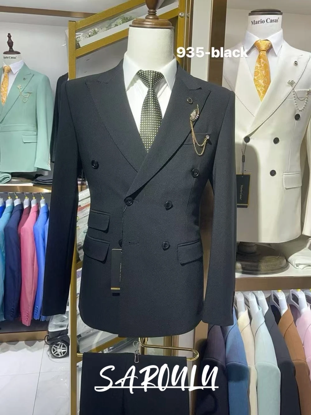 

Black Peak Lapel Suit For Men, Two Pieces Jacket Pants Set, Vintage Double Breasted Tuxedo, Slim Fit Wedding Groom Business Wear