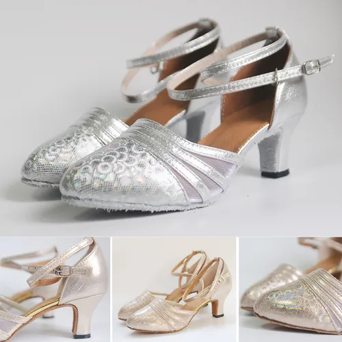 Imagen 1 del producto Zapatos de baile latino a la moda para mujer, suela de goma suave, punta cerrada, zapatos de baile latino modernos con lentejuelas para fiesta de salón de Tango